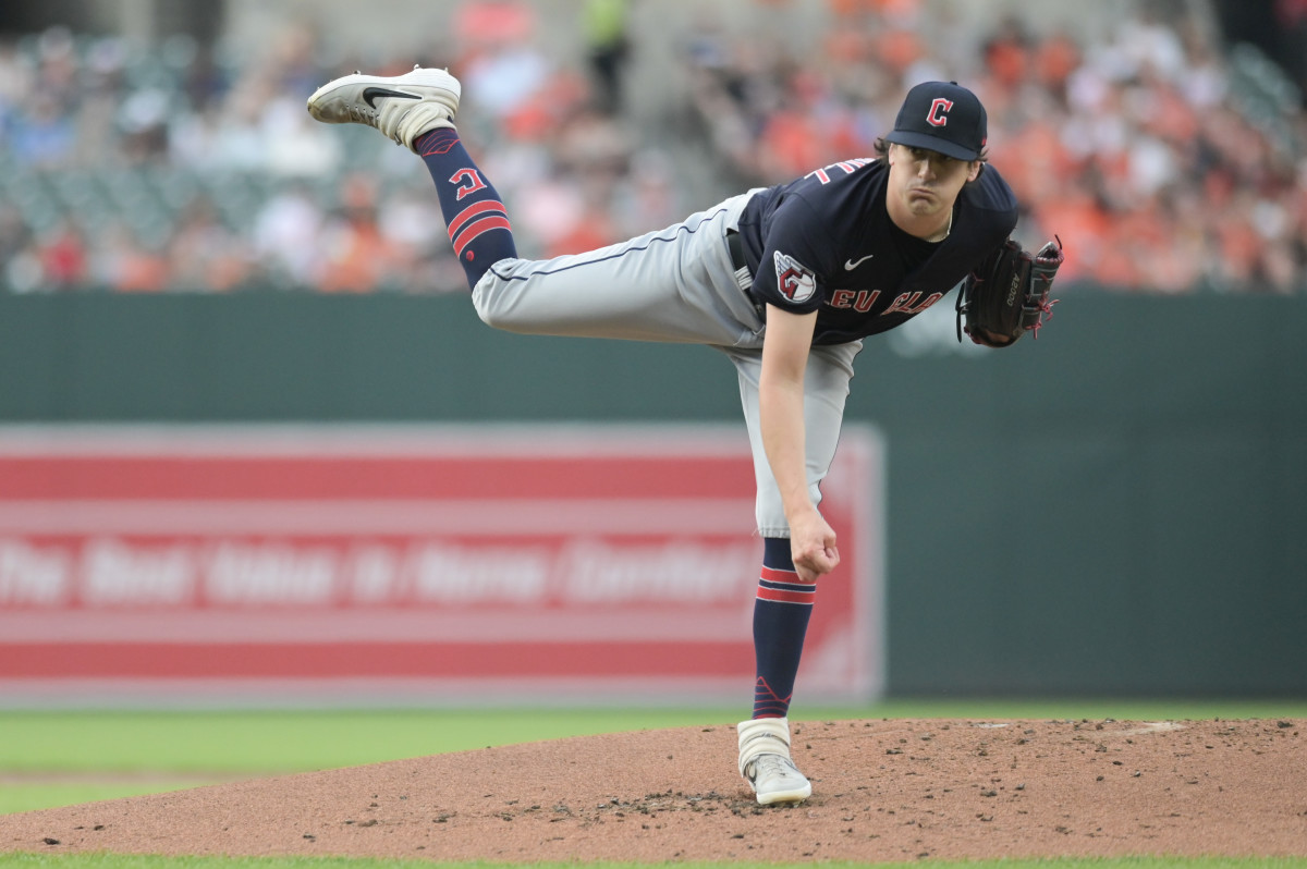 May 30, 2023; Baltimore, Maryland, USA; Cleveland Guardians starting pitcher Cal Quantrill (47) throws a twelfth inning pitch against the Baltimore Orioles at Oriole Park at Camden Yards.